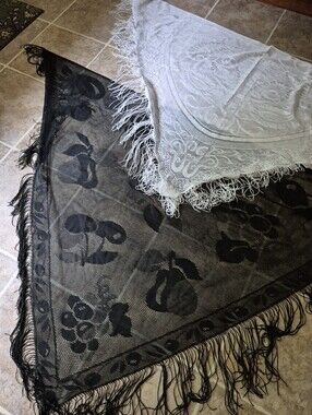 Lot Of 2 Lace Shawls Or Wraps, Black With Fruit Design, White Lace